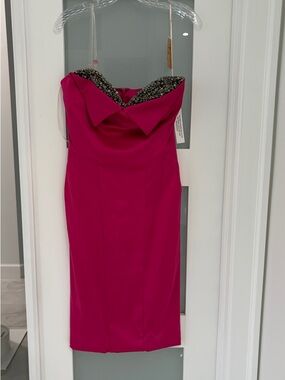 Strapless Fuchsia Midi Dress with Embellished Sweetheart Neckline with beading